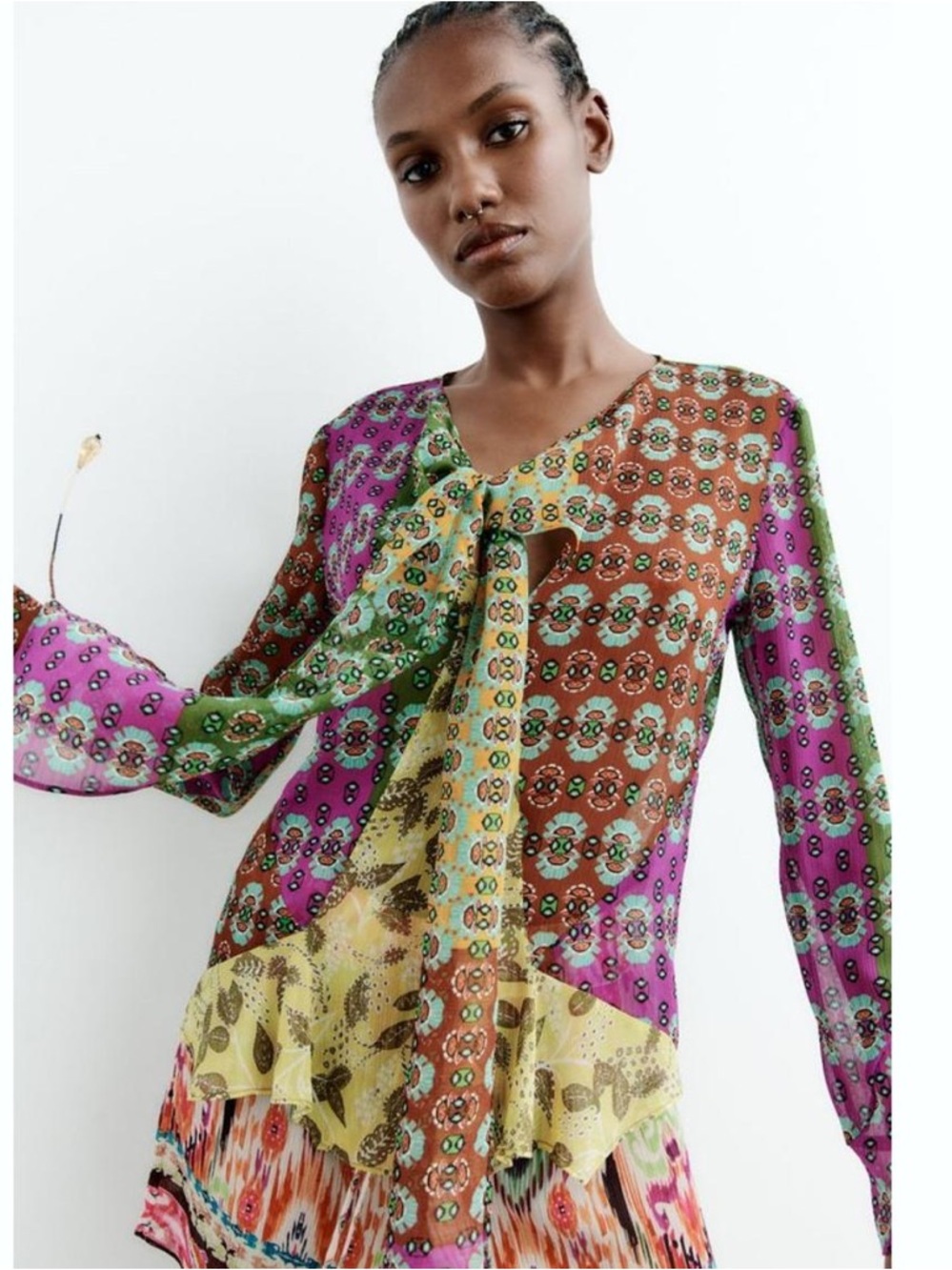 Zara Limited Editoon Multi-Color Printed Bow Blouse